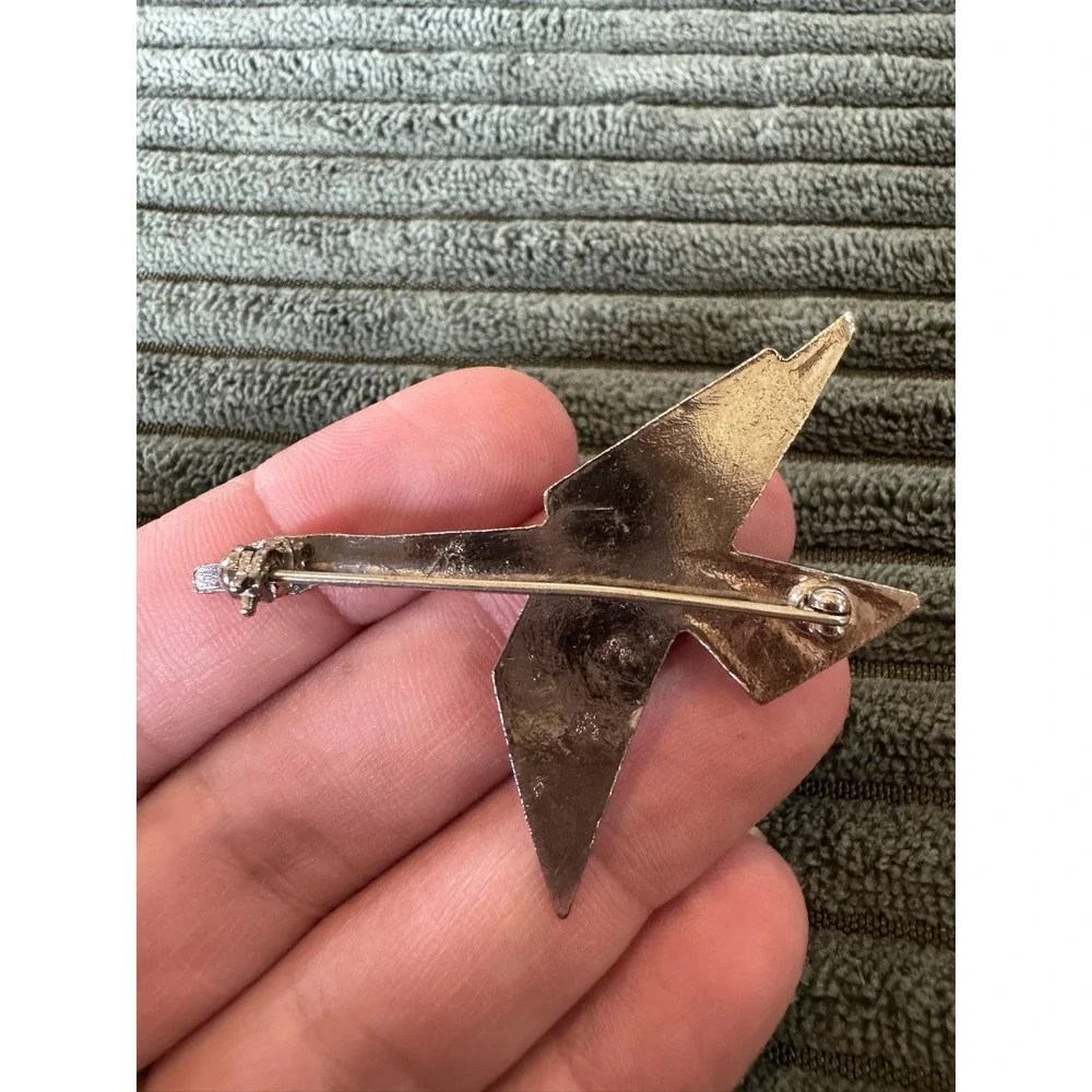 Vintage Art Deco Silver Tone Flying Bird Brooch Pin with White Stone‎